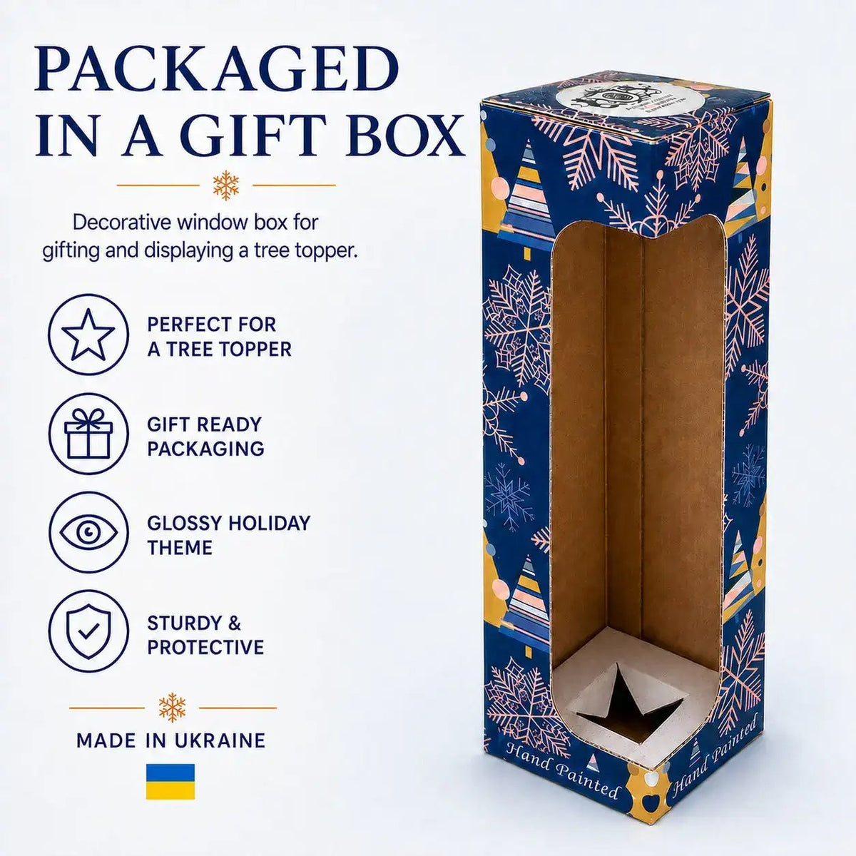 Gift-boxed Christmas tree topper in a blue decorative box with protective window