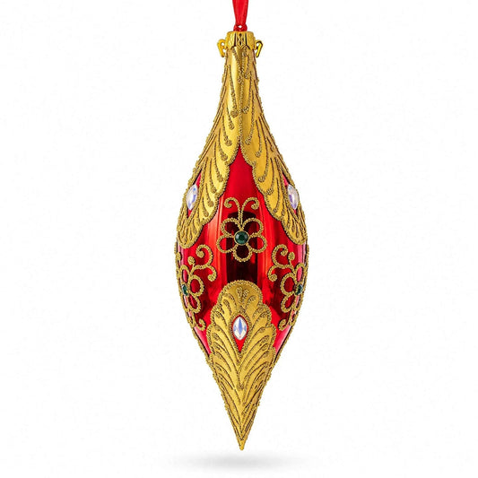 Gilded Petal & Pearl Elongated Pointed Teardrop Finial Glass Christmas Ornament BestPysanky Default Title Default Title-