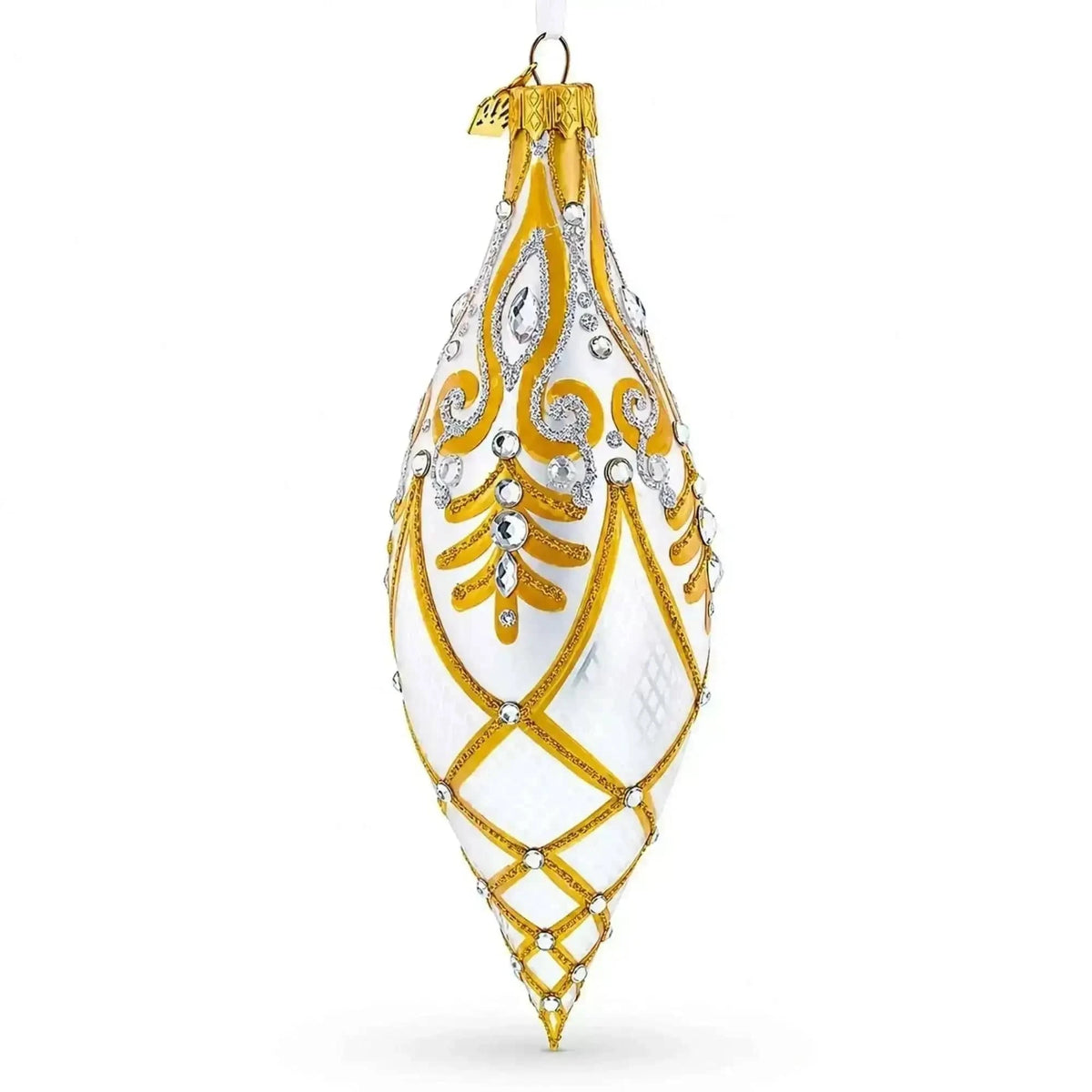 Gold & White Baroque-Style Gem-Encrusted Elongated Pointed Teardrop Finial Glass Christmas Ornament Cartsfy Inc.