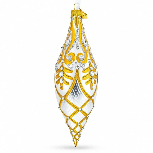 Gold & White Baroque-Style Gem-Encrusted Elongated Pointed Teardrop Finial Glass Christmas Ornament Cartsfy Inc.
