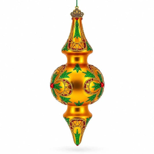 Golden Holly & Ivy Glitter Double-Ended Finial Drop Glass Christmas Ornament Cartsfy Inc.