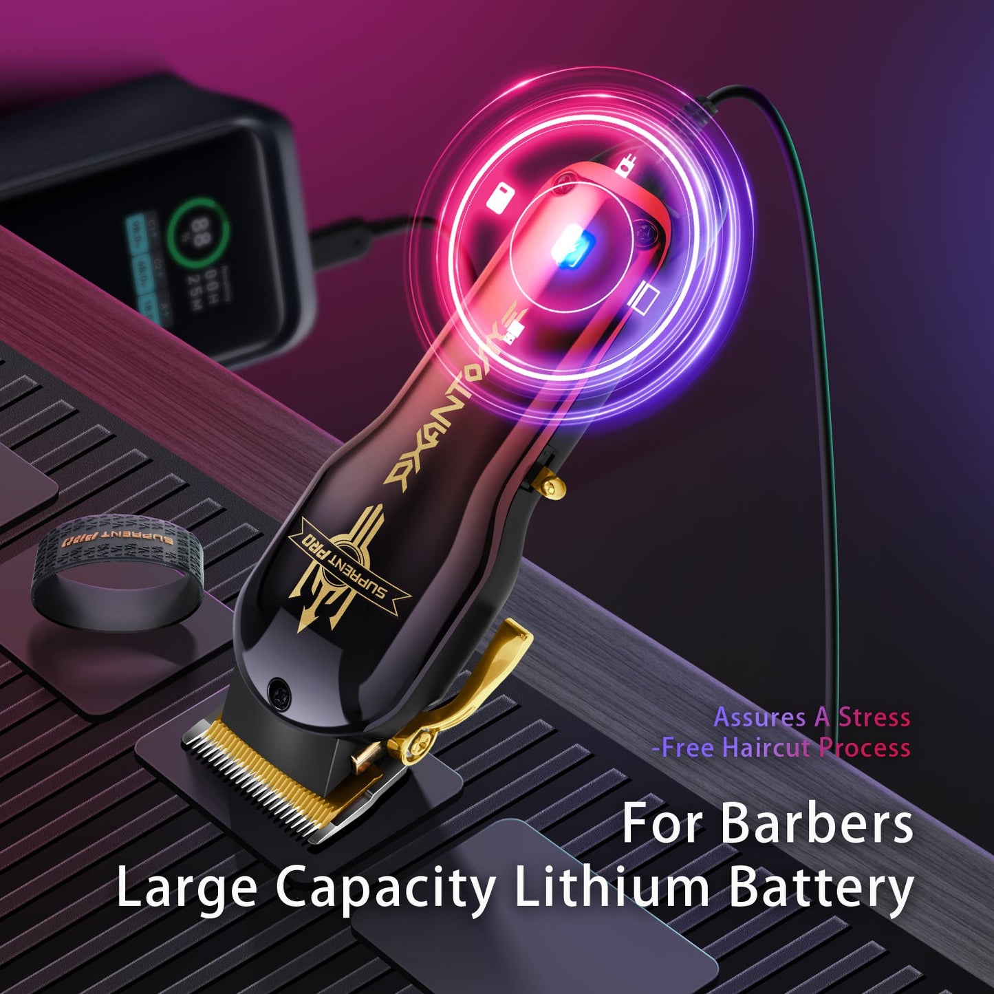 Black-and-gold hair clipper with illuminated head, charging with lithium battery