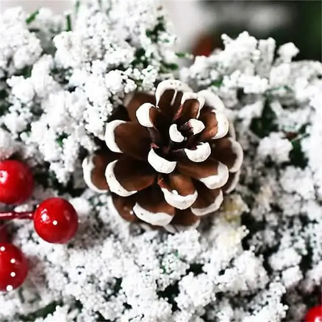 Christmas wreath detail: frosted pinecone with white snow effect and red berry accents