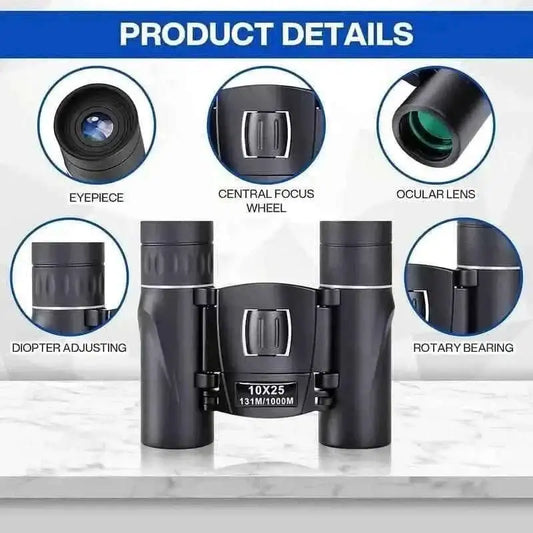 High Powered Mini Pocket Binoculars 10x25 with Phone Adapter – Compact, Lightweight, Portable – Black - Cartsfy Inc.
