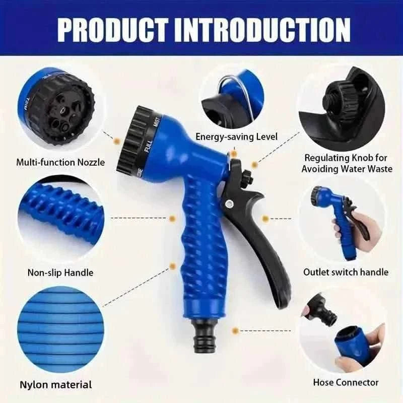 Blue spray gun with adjustable nozzle, expandable hose coils and hose connector