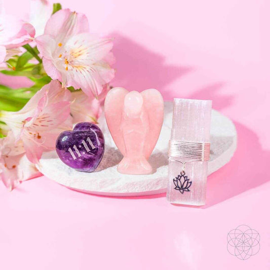Rose quartz angel figurine, amethyst heart crystal, and metal air freshener clip set