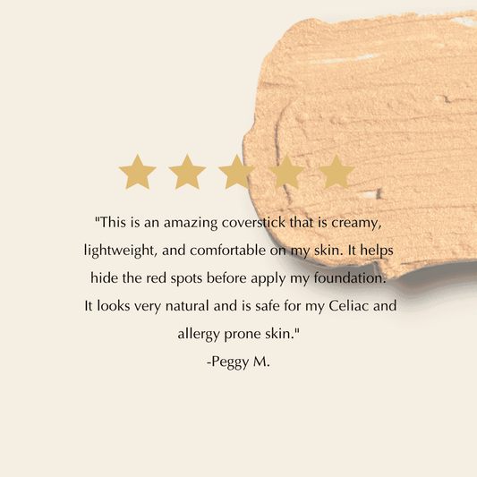Cream concealer swatch with star rating graphics and testimonial area