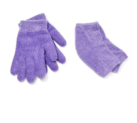 Lavender gel gloves and heel sleeves set, purple soft fuzzy fabric