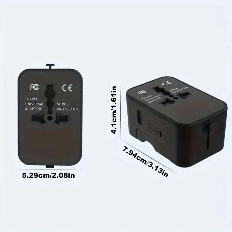 Compact universal travel plug adapter with surge protector, black (dimensions shown)