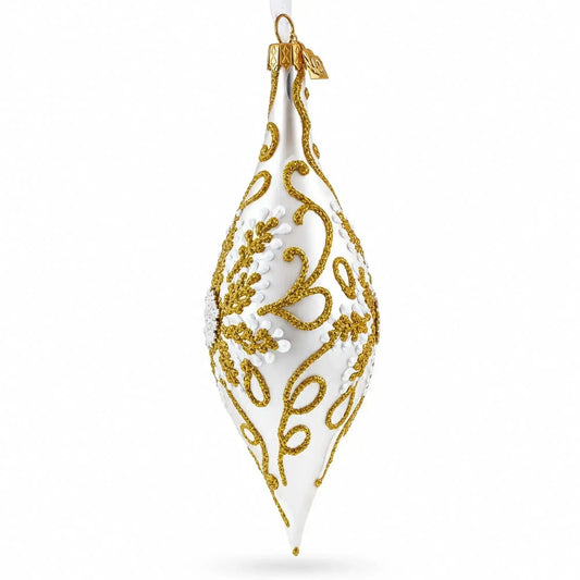 Ivory & Gold Pearl Embossed Elongated Pointed Teardrop Finial Glass Christmas Ornament Cartsfy Inc.