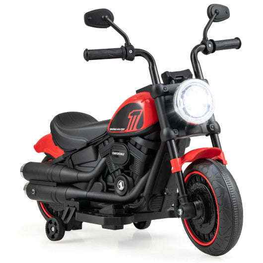 Kids electric red motorcycle with LED headlight, black seat, training wheels