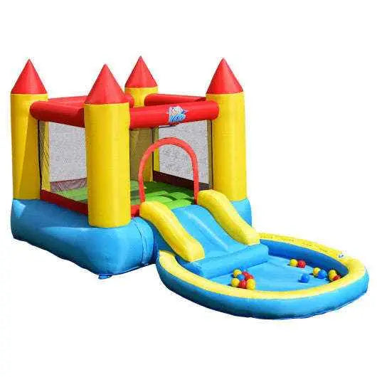 Inflatable kids bounce house castle with slide and ball pool, red yellow blue