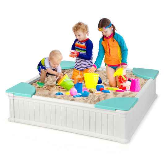 Kids Outdoor Sandbox with Oxford Cover and 4 Corner Seats-White Cartsfy Inc.