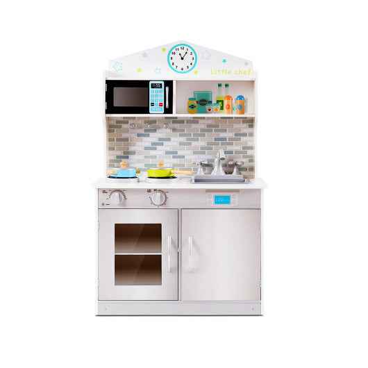Kids beige wooden pretend cooking playset with sink, oven, stove and knobs