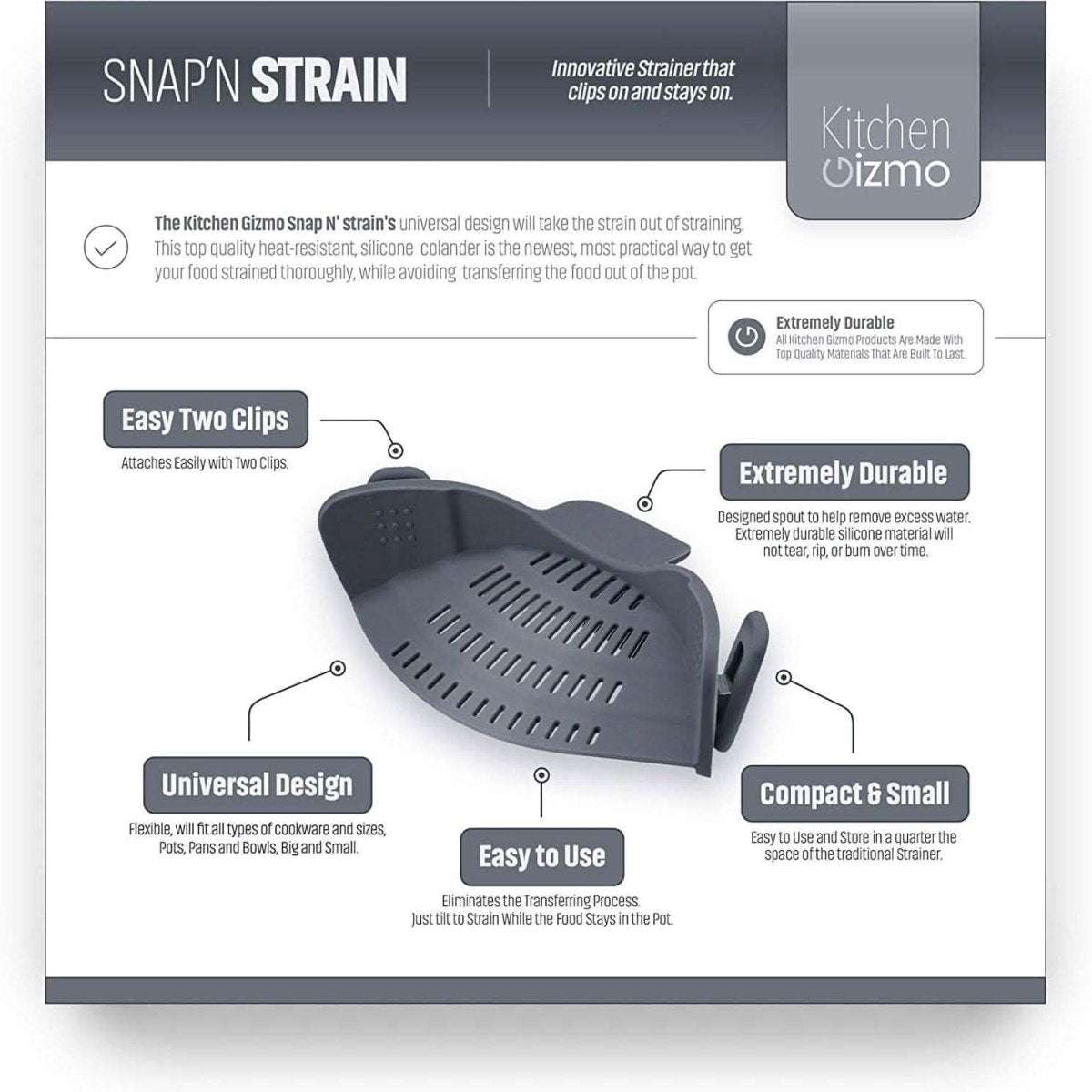 Snap n Strain strainer clip shown in product diagram for draining