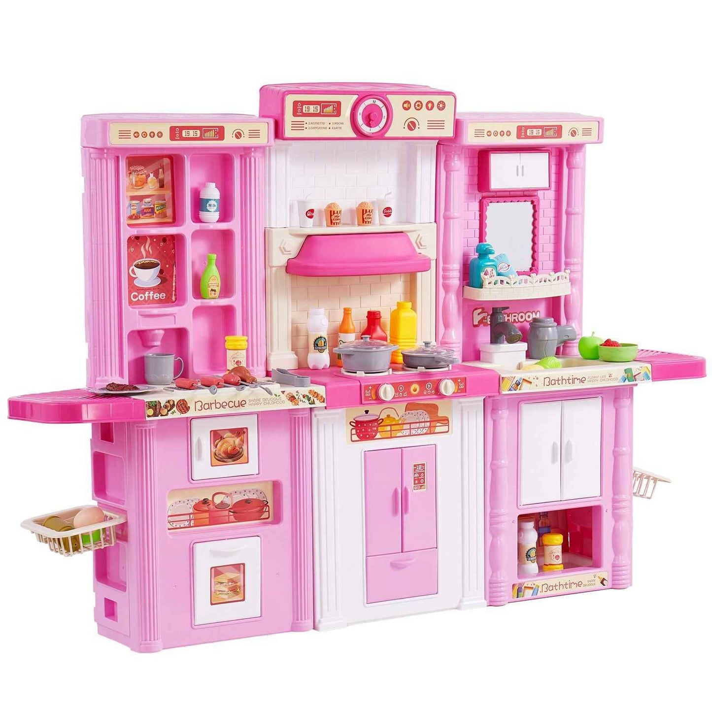Pink kids pretend kitchen playset with oven, stovetop, sink, and shelves of accessories