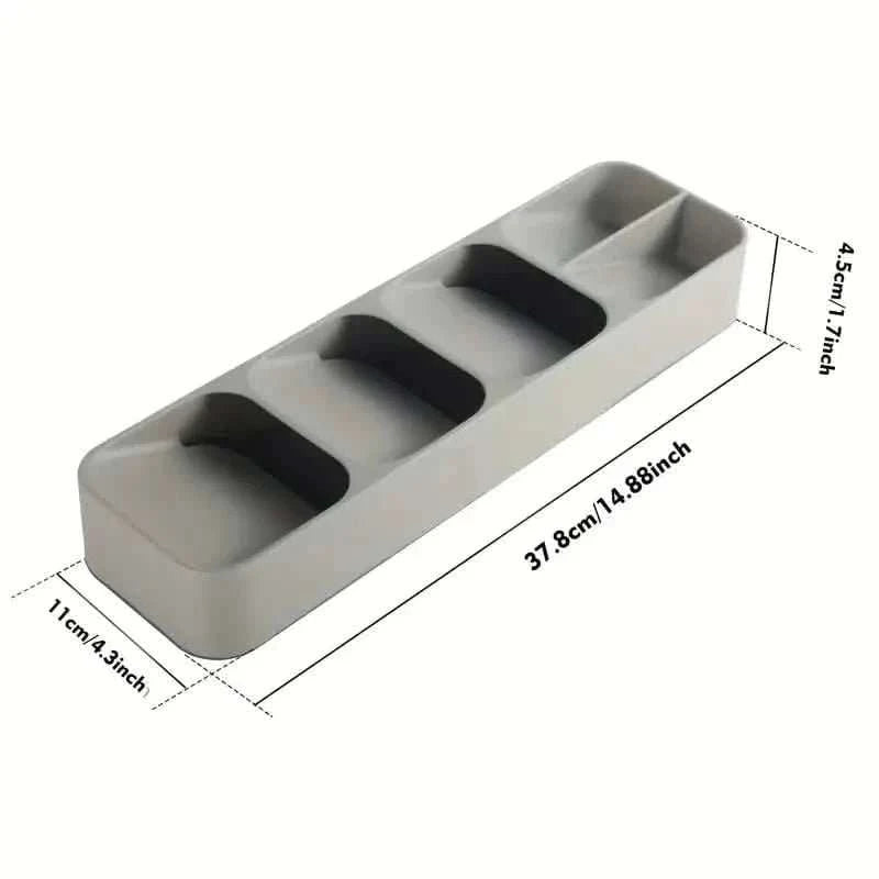 Gray drawer utensil storage box with four long slots, size markings shown