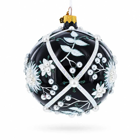 Pearl-Encrusted White Floral Design on Black Glass Ball Christmas Ornament 4 Inches BestPysanky Default Title Default Title-