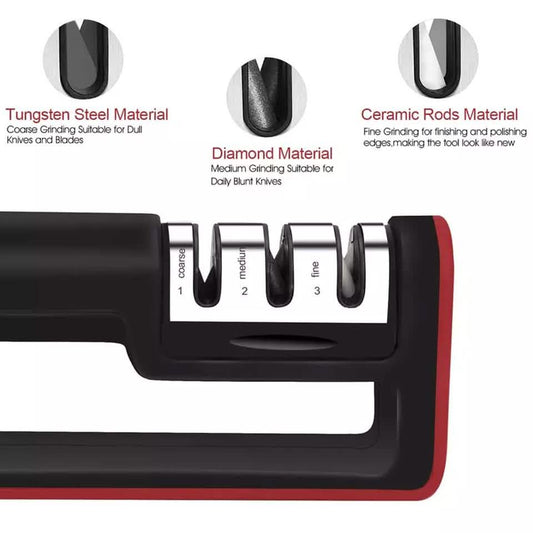 Knife sharpener with close-up sharpening grooves and red frame