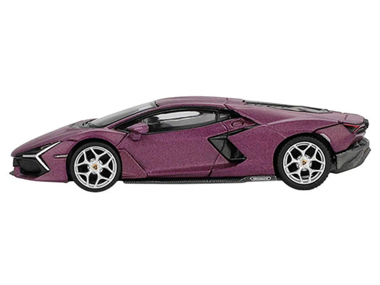 Matt purple metallic diecast model car in side profile with silver wheels