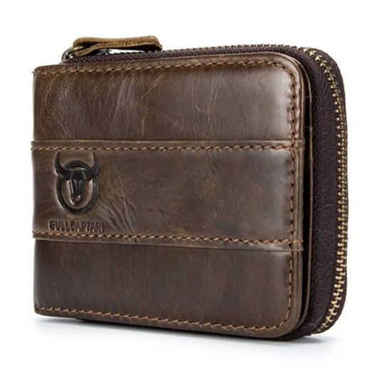Men's brown leather tri-fold wallet with stitched front and zipper edge