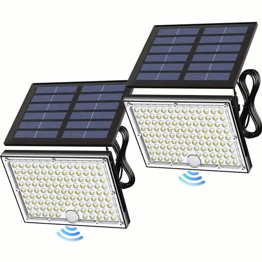 Solar LED motion floodlight set with two LED light heads and two solar panels