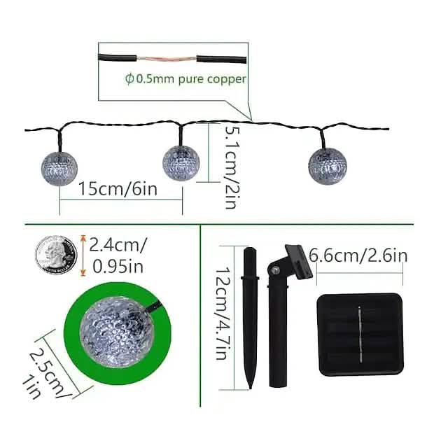 LED solar string lights diagram: copper wire, globe bulbs, and square solar panel