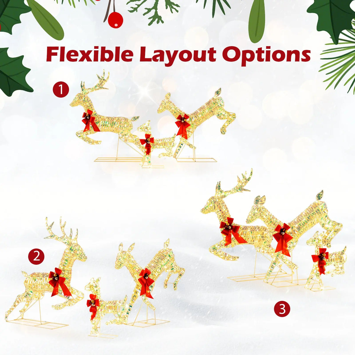 3-Piece Lighted Christmas Reindeer Family with LED Lights and Bows