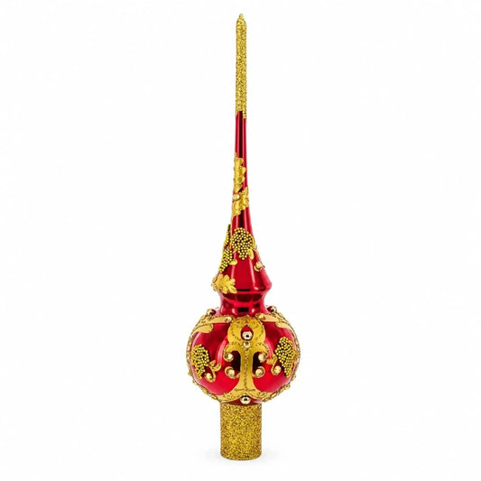 Luxurious Crimson Red with Golden Glitter Glass Christmas Tree Topper 11 Inches Cartsfy Inc.
