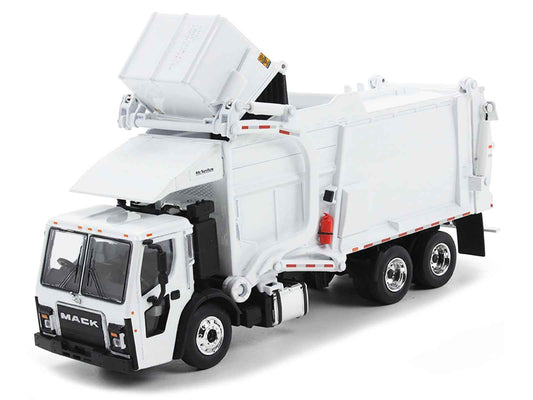 White diecast garbage truck with raised front loader and front cab