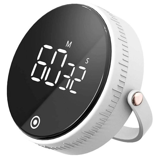 White magnetic LED kitchen timer with circular display and side bracket