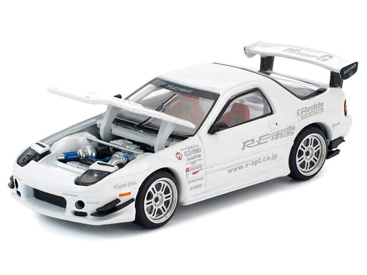 White 1/64 diecast Mazda RX-7 race car, hood open showing engine, RE Amemiya livery