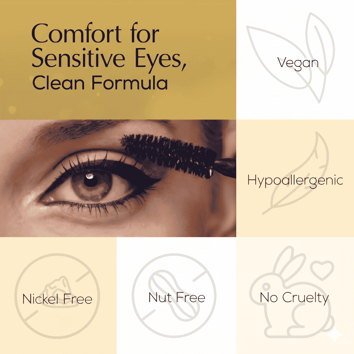 Blue mascara on lashes with vegan and hypoallergenic icons