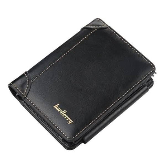Men's black bifold wallet with embossed logo and double stitching