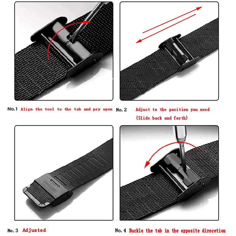 Black mesh watch band with adjustable buckle tabs and latch mechanism