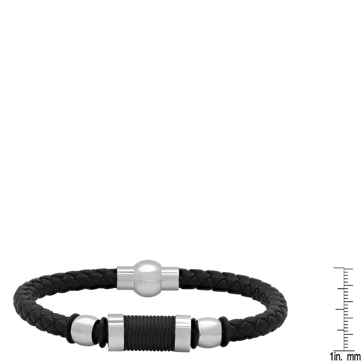 Men's Black Braided Leather, Black Threat and Stainless Steel Bracelet - Cartsfy Inc.