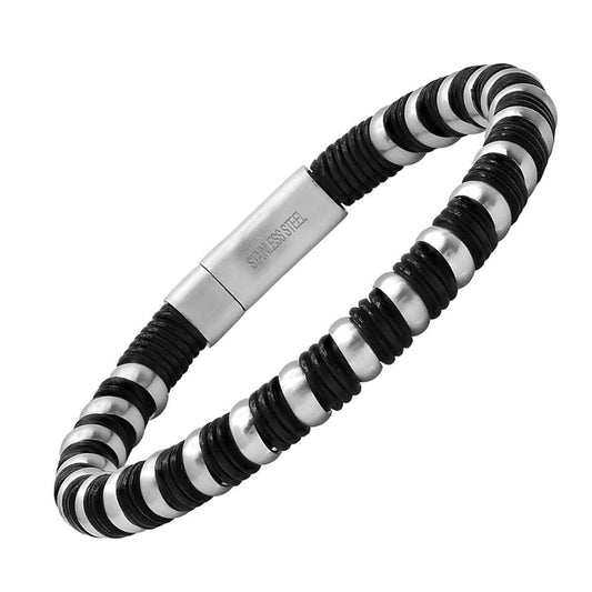 Men's Black Leather and Stainless Steel Braided Bracelet - Cartsfy Inc.