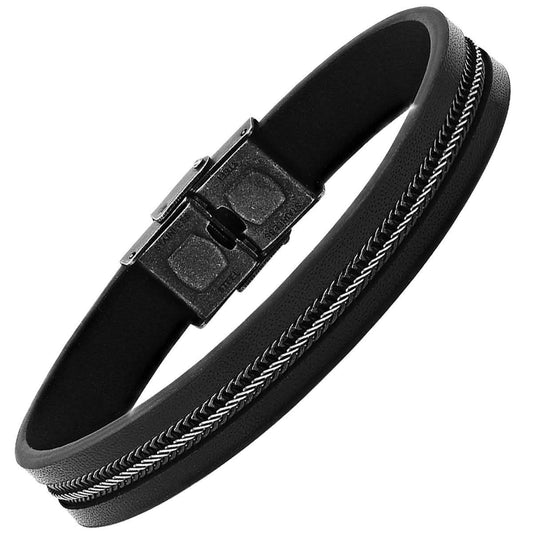 Men's Black Leather and Two Tone Black IP & Stainless Steel Inlay Wheat Chain Bracelet - Cartsfy Inc.