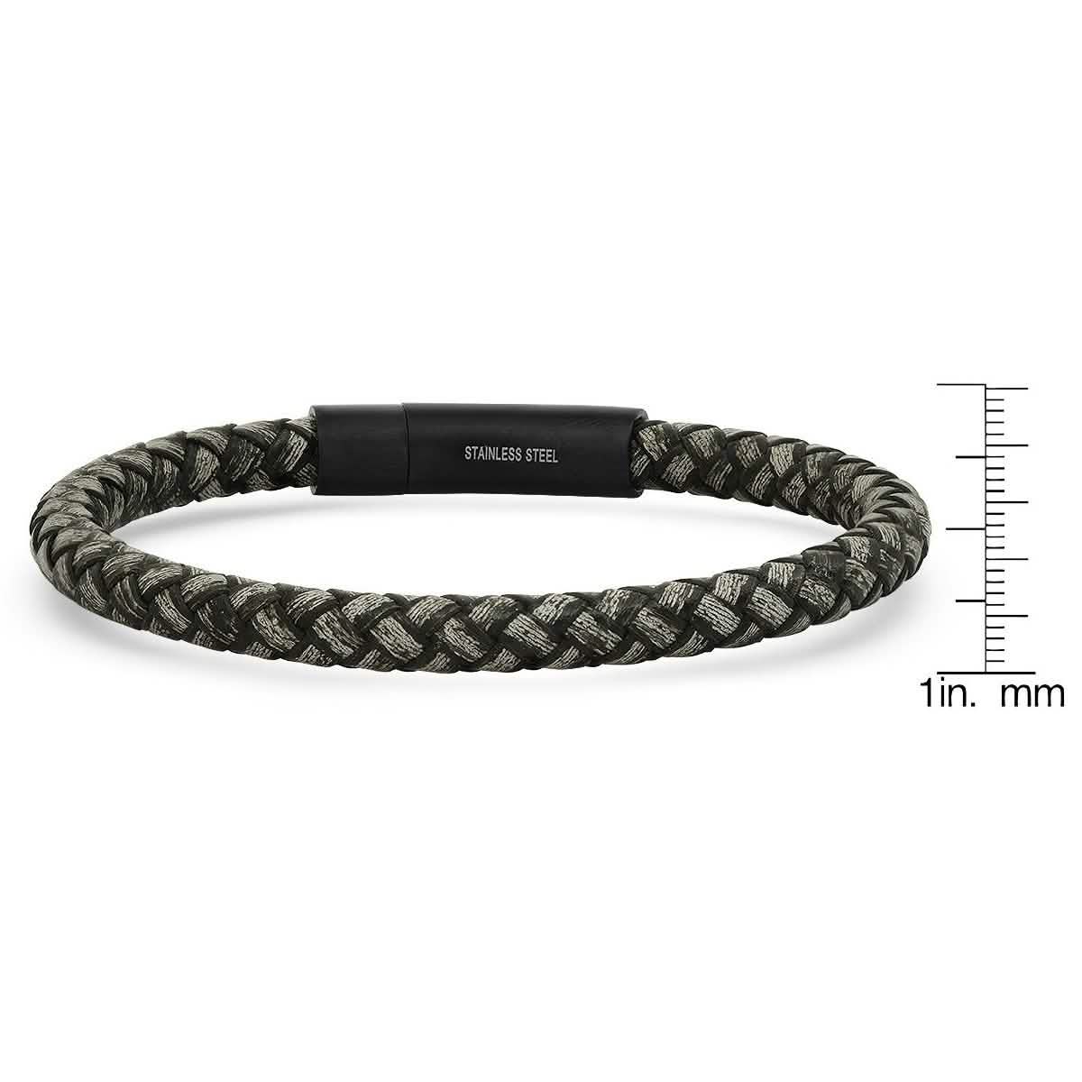 Men's Braided Black/Gray Leather and Black IP Stainless Steel Clasp Bracelet - Cartsfy Inc.