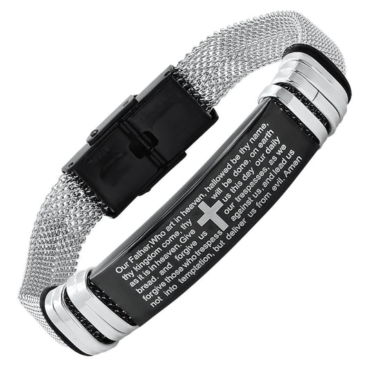 Men's Two Tone Stainless Steel and Black IP Our Father Prayer Mesh Bracelet - Cartsfy Inc.