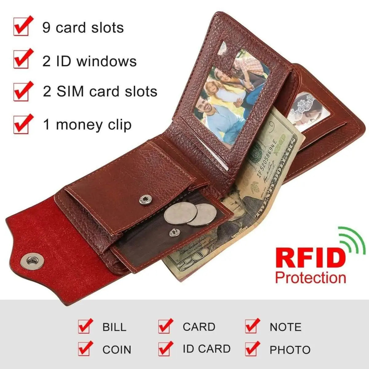 Brown bi-fold wallet with 9 card slots, ID windows, money clip, RFID protection