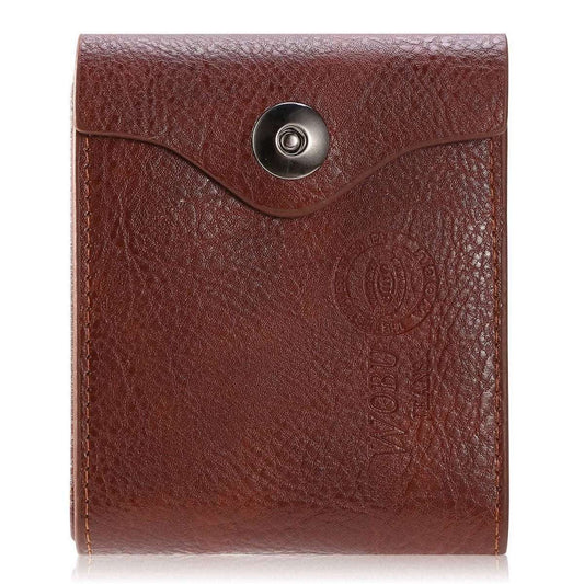 Brown PU leather bifold wallet with embossed pattern and snap button closure