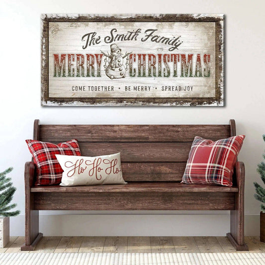 Merry Christmas wall sign with The Smith Family header in a distressed rustic frame