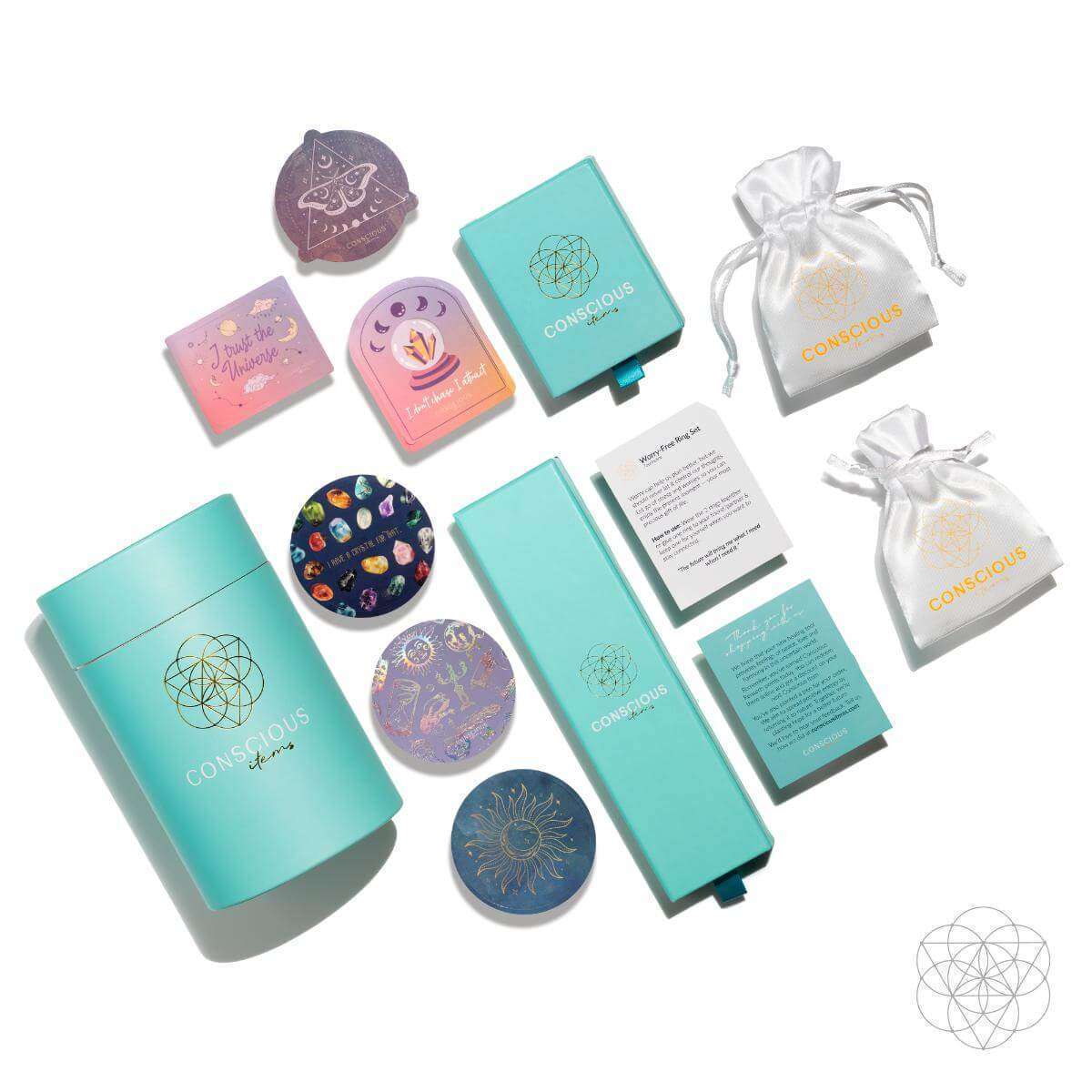 Kyanite bracelet gift set with teal boxes and drawstring pouches