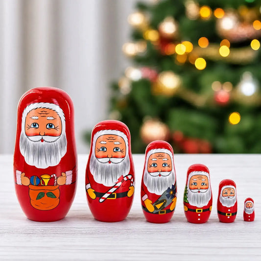 Set of 6 Santa with Christmas Gifts Wooden Nesting Dolls 5.5 Inches BestPysanky Default Title Default Title-