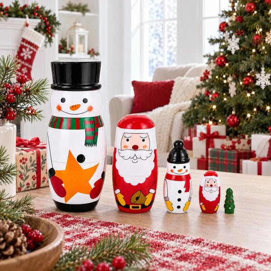 Santa, Snowman & Christmas Tree Wooden Nesting Dolls 5 Inches BestPysanky Default Title Default Title-