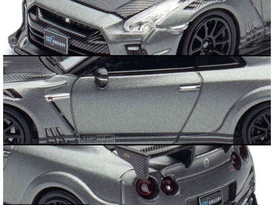 Gray GT-R diecast close-up: carbon hood, front grille and headlight details