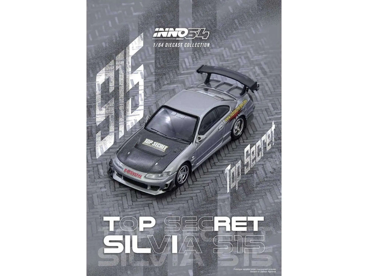 Nissan "Top Secret" Silvia (S15) RHD (Right Hand Drive) Silver Metallic with Carbon Hood 1/64 Diecast Model Car by Inno Models Cartsfy Inc.