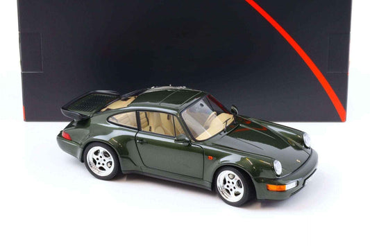 1:18 die-cast Norev Porsche 911 Turbo coupe, dark green, side 3/4 view