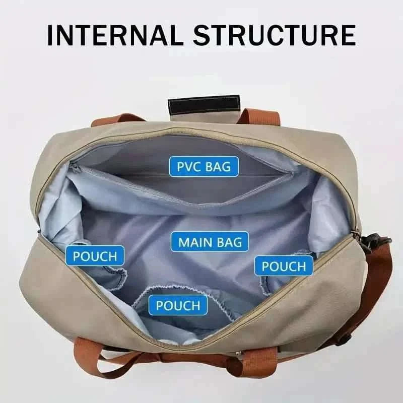 Nylon duffel bag interior showing main area and several pouches, open